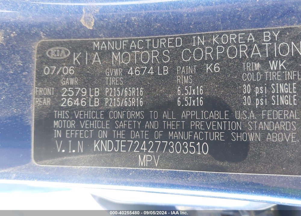 2007 KIA SPORTAGE LX VIN: KNDJE724277303510