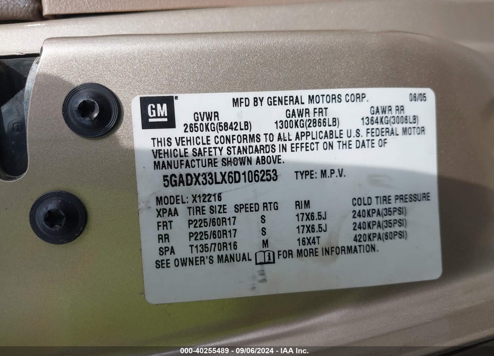 2006 BUICK TERRAZA CXL VIN: 5GADX33LX6D106253