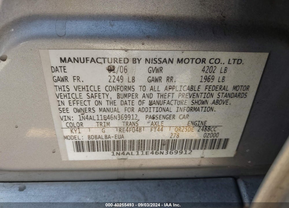 2006 NISSAN ALTIMA 2.5 S VIN: 1N4AL11E46N369912