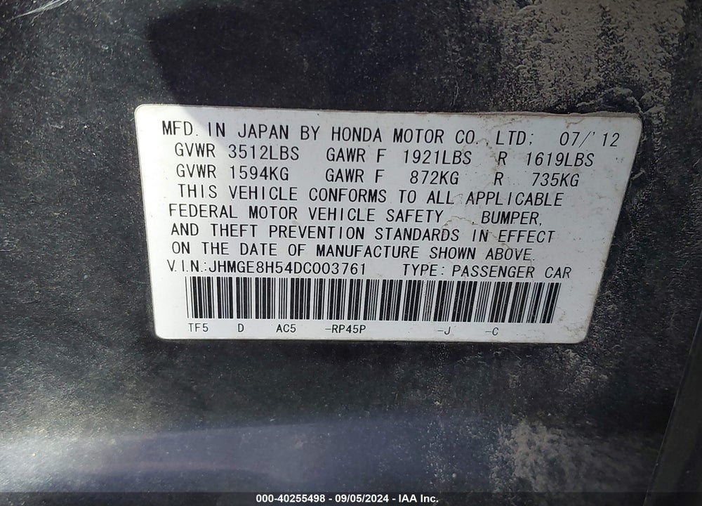 2013 HONDA FIT SPORT VIN: JHMGE8H54DC003761