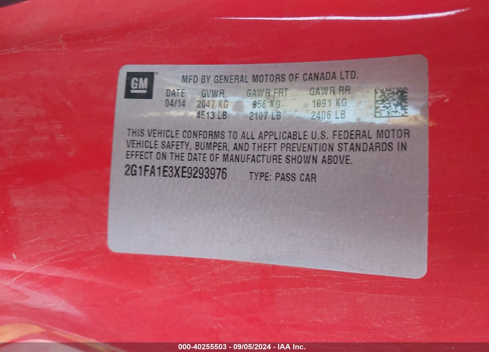 2014 CHEVROLET CAMARO 2LS VIN: 2G1FA1E3XE9293976