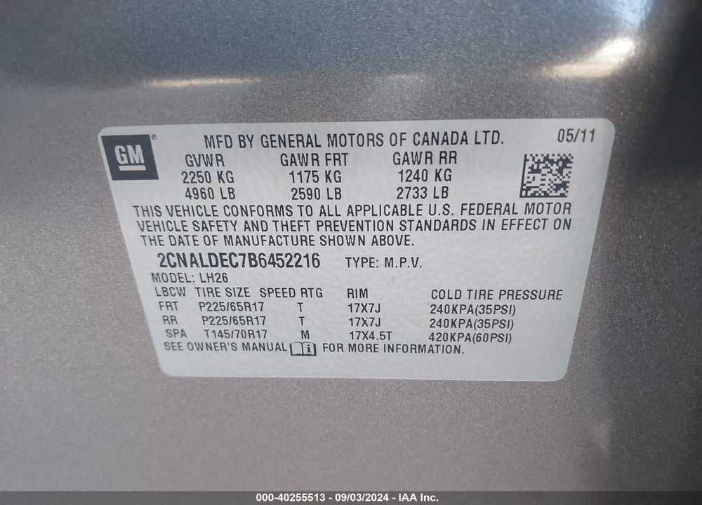 2011 CHEVROLET EQUINOX 1LT VIN: 2CNALDEC7B6452216