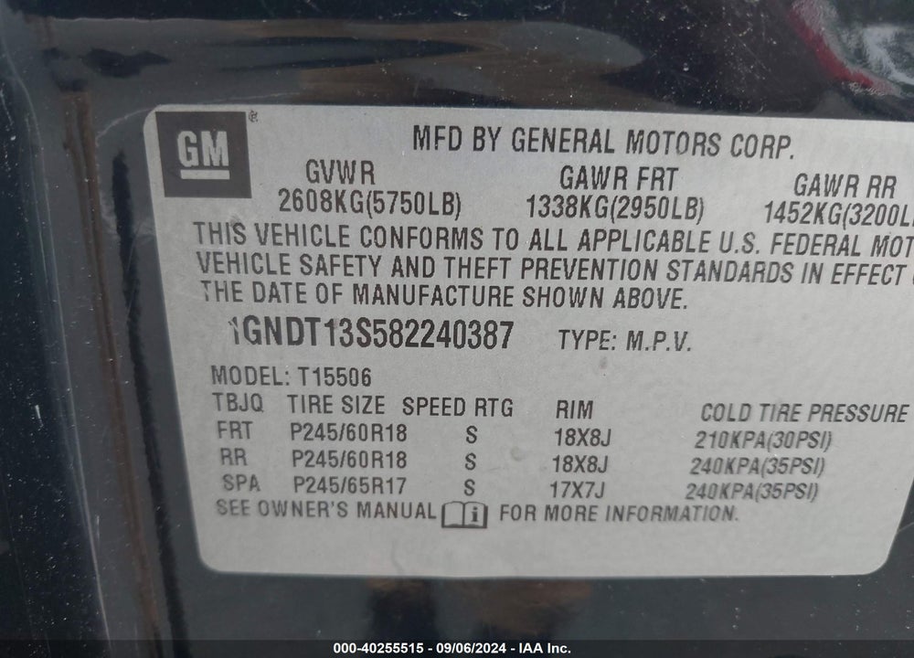 2008 CHEVROLET TRAILBLAZER LT VIN: 1GNDT13S582240387