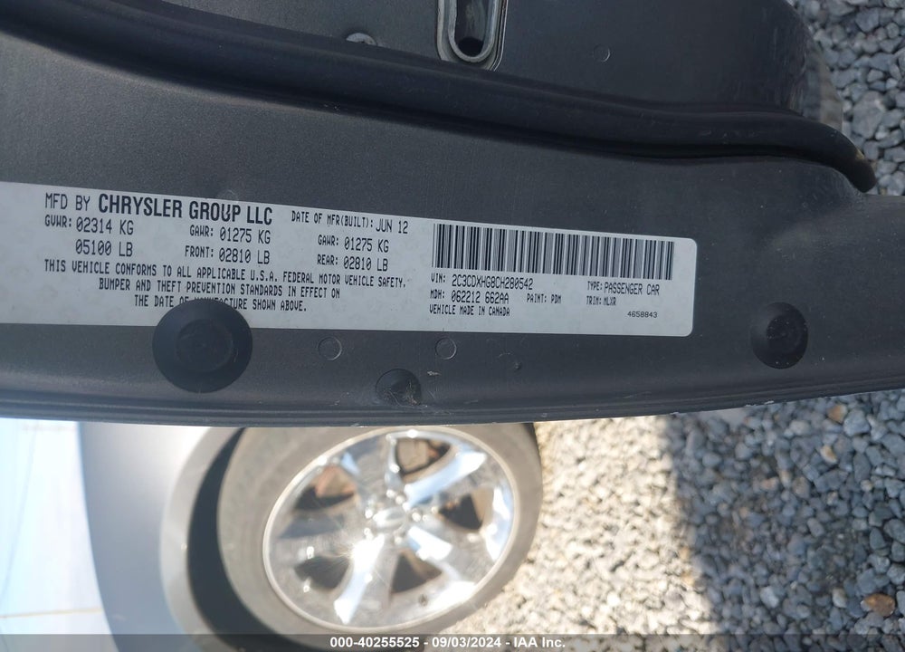 2012 DODGE CHARGER SXT VIN: 2C3CDXHG8CH280542