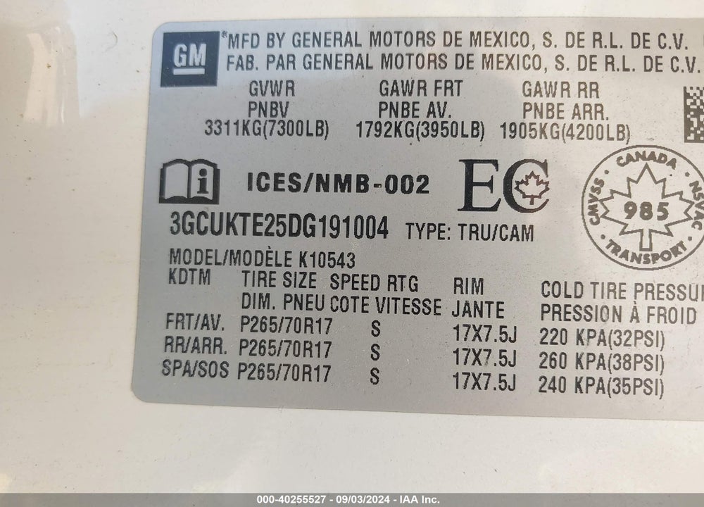 2013 CHEVROLET SILVERADO 1500 LTZ VIN: 3GCUKTE25DG191004