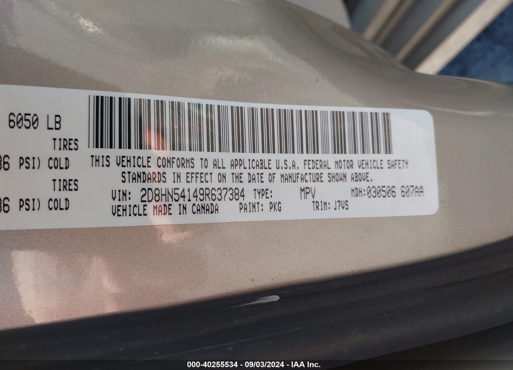 2009 DODGE GRAND CARAVAN SXT VIN: 2D8HN54149R637384