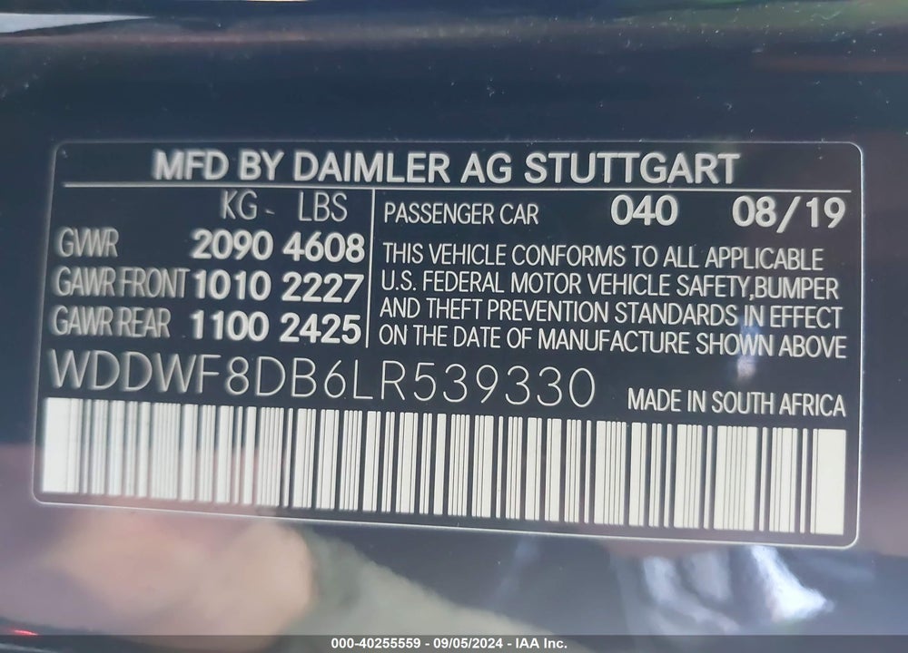 2020 MERCEDES-BENZ C 300 VIN: WDDWF8DB6LR539330
