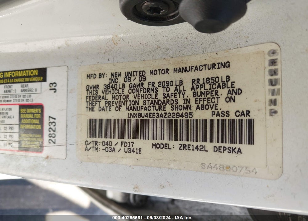 2010 TOYOTA COROLLA S VIN: 1NXBU4EE3AZ229495