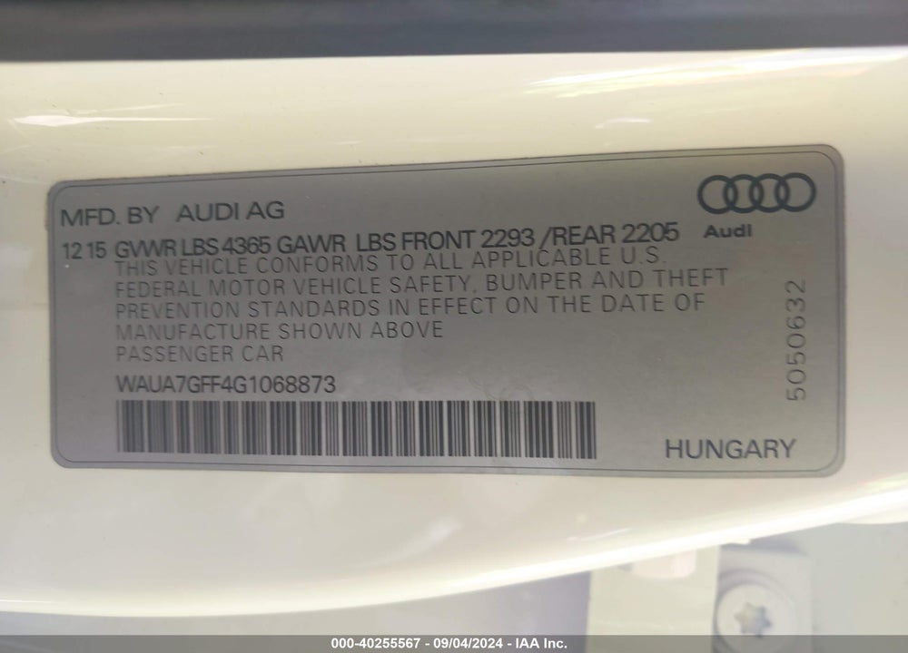 2016 AUDI A3 1.8T PREMIUM VIN: WAUA7GFF4G1068873