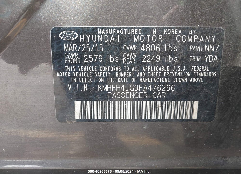 2015 HYUNDAI AZERA LIMITED VIN: KMHFH4JG9FA476266