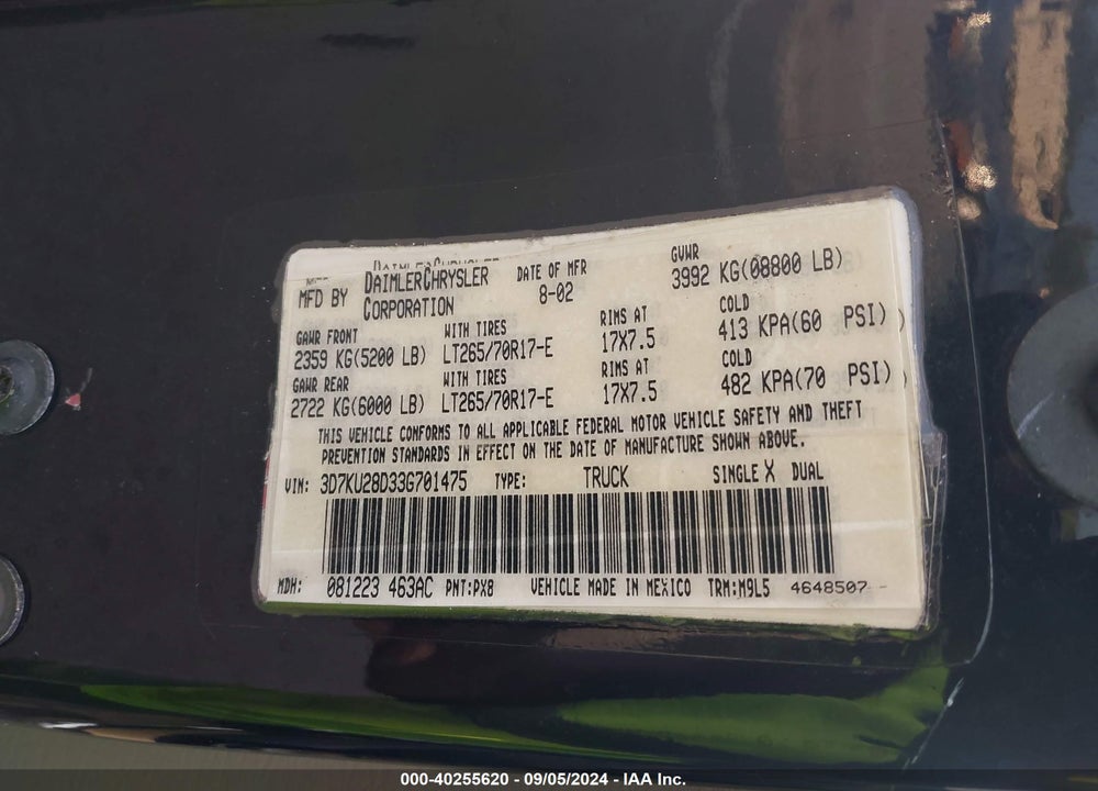 2003 DODGE RAM 2500 SLT/LARAMIE/ST VIN: 3D7KU28D33G701475