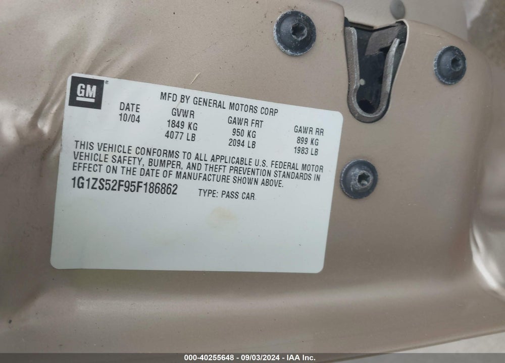 2005 CHEVROLET MALIBU VIN: 1G1ZS52F95F186862