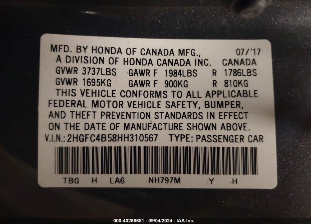 2017 HONDA CIVIC LX VIN: 2HGFC4B58HH310567