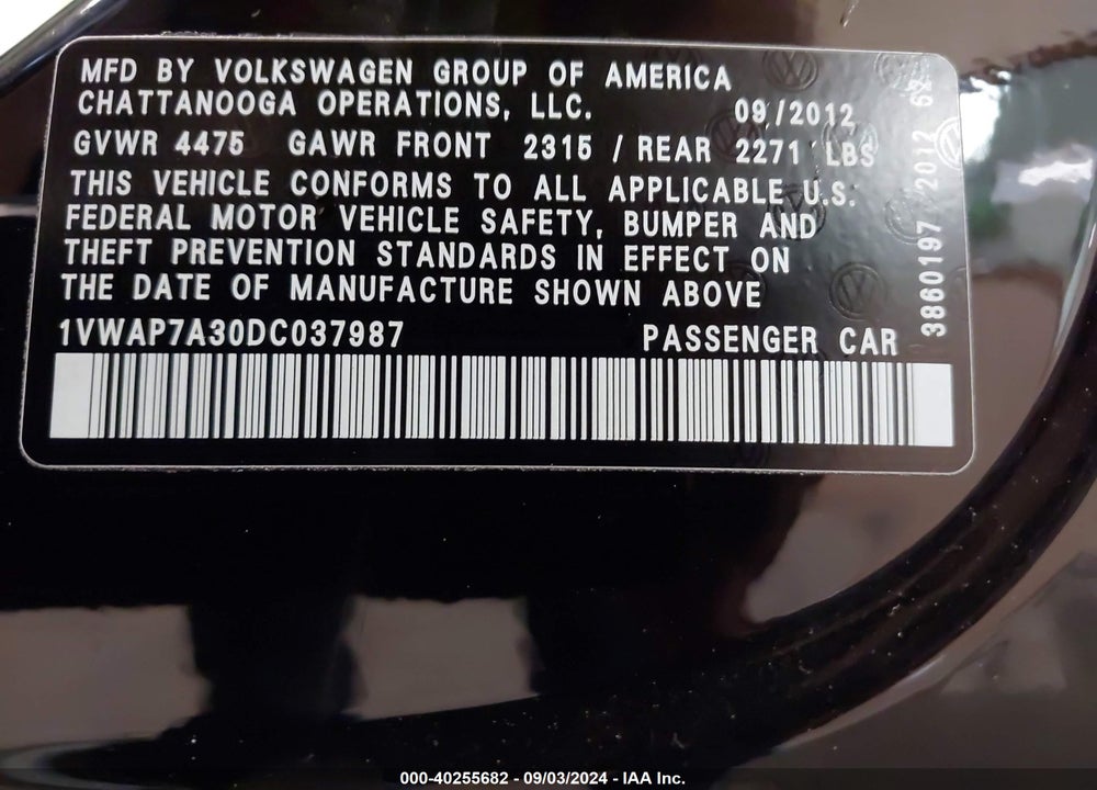 2013 VOLKSWAGEN PASSAT 2.5L S VIN: 1VWAP7A30DC037987