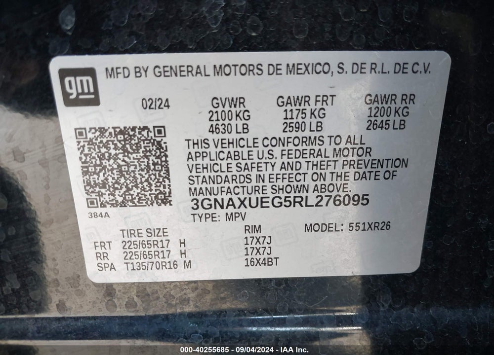 2024 CHEVROLET EQUINOX AWD LT VIN: 3GNAXUEG5RL276095