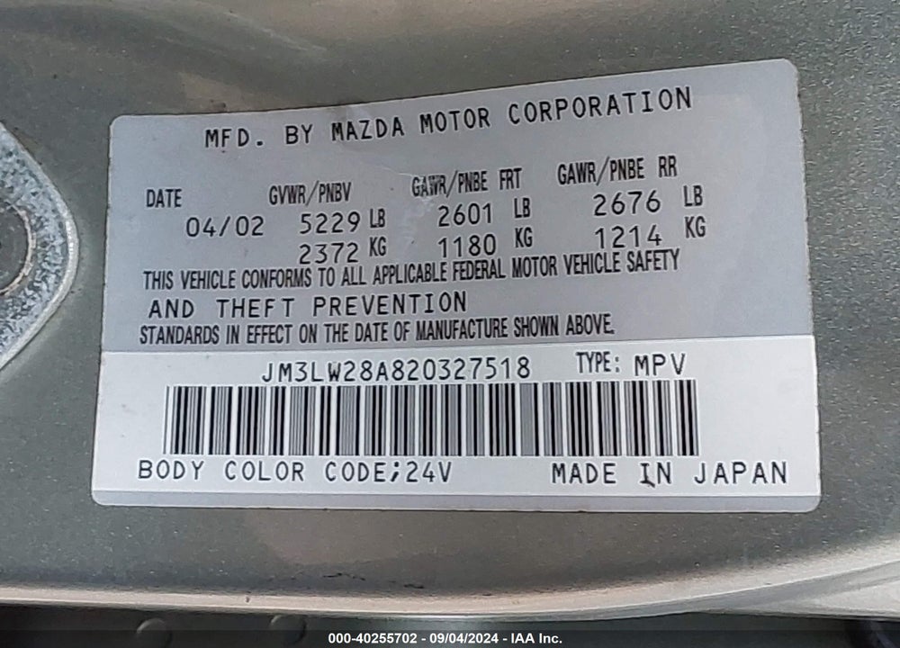2002 MAZDA MPV ES/LX VIN: JM3LW28A820327518