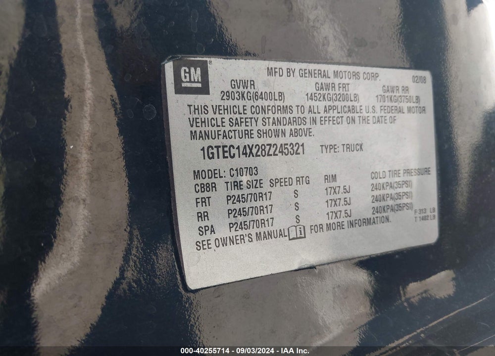 2008 GMC SIERRA 1500 VIN: 1GTEC14X28Z245321