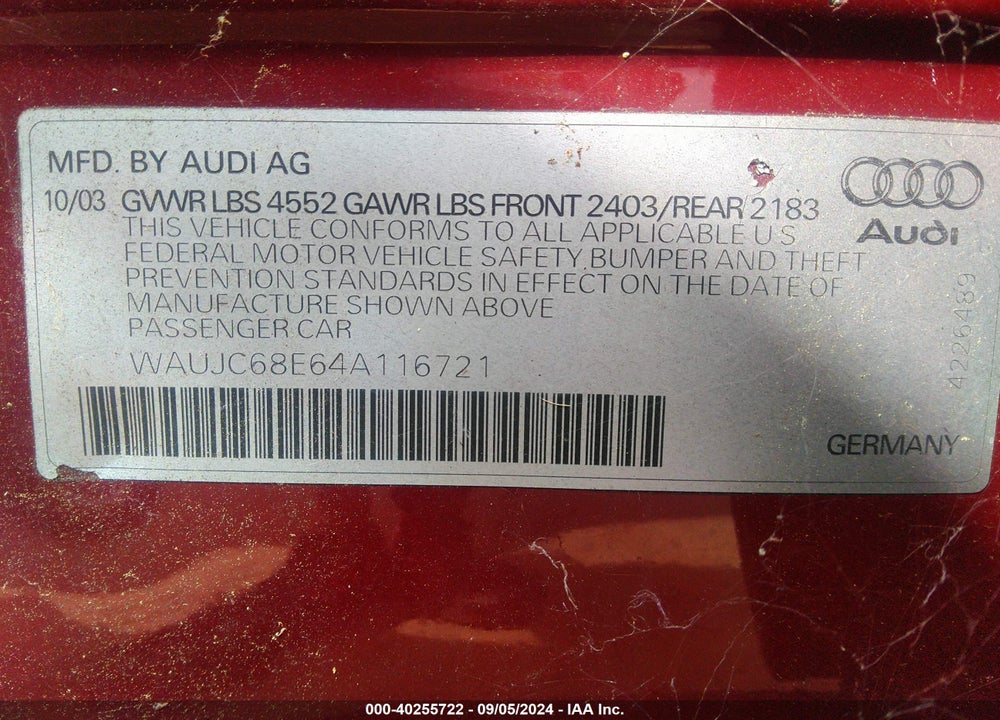 2004 AUDI A4 1.8T VIN: WAUJC68E64A116721