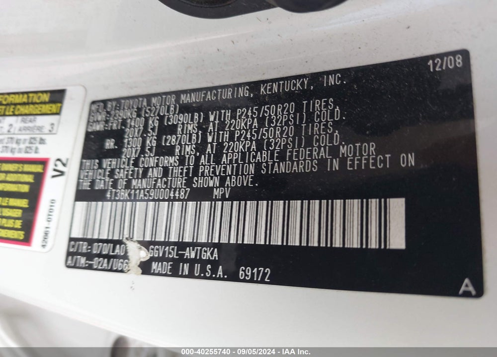 2009 TOYOTA VENZA BASE V6 VIN: 4T3BK11A59U004487