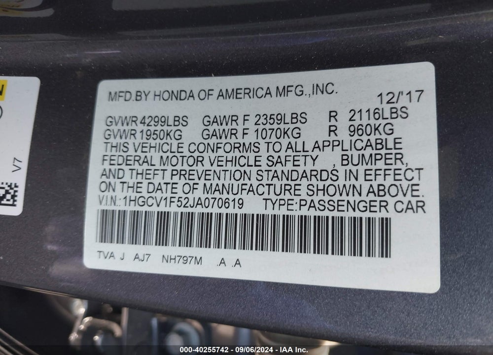 2018 HONDA ACCORD EX-L VIN: 1HGCV1F52JA070619