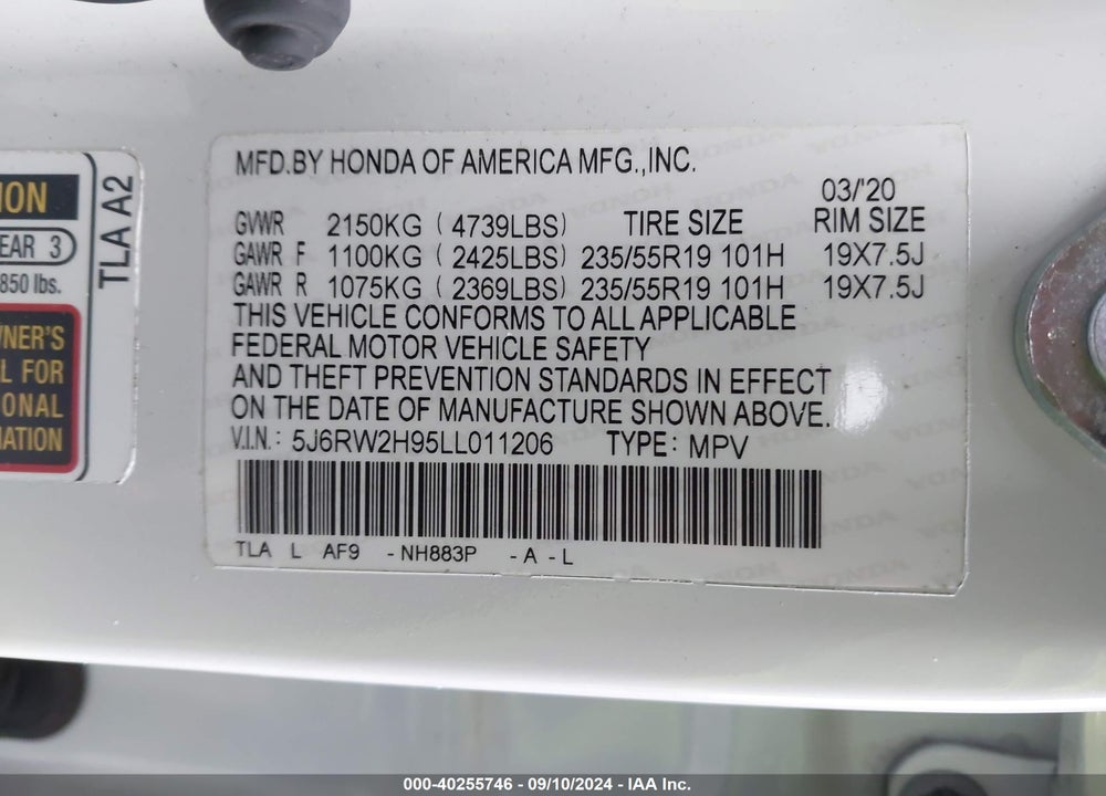 2020 HONDA CR-V AWD TOURING VIN: 5J6RW2H95LL011206