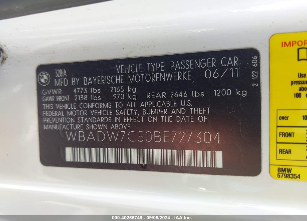 2011 BMW 328I VIN: WBADW7C50BE727304