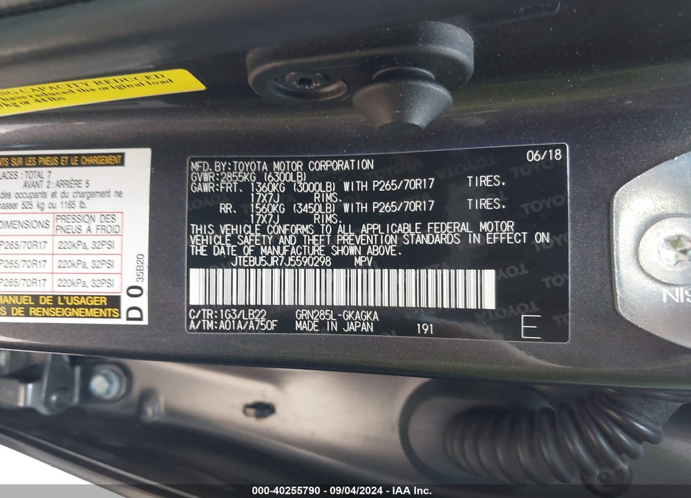 2018 TOYOTA 4RUNNER SR5 PREMIUM VIN: JTEBU5JR7J5590298