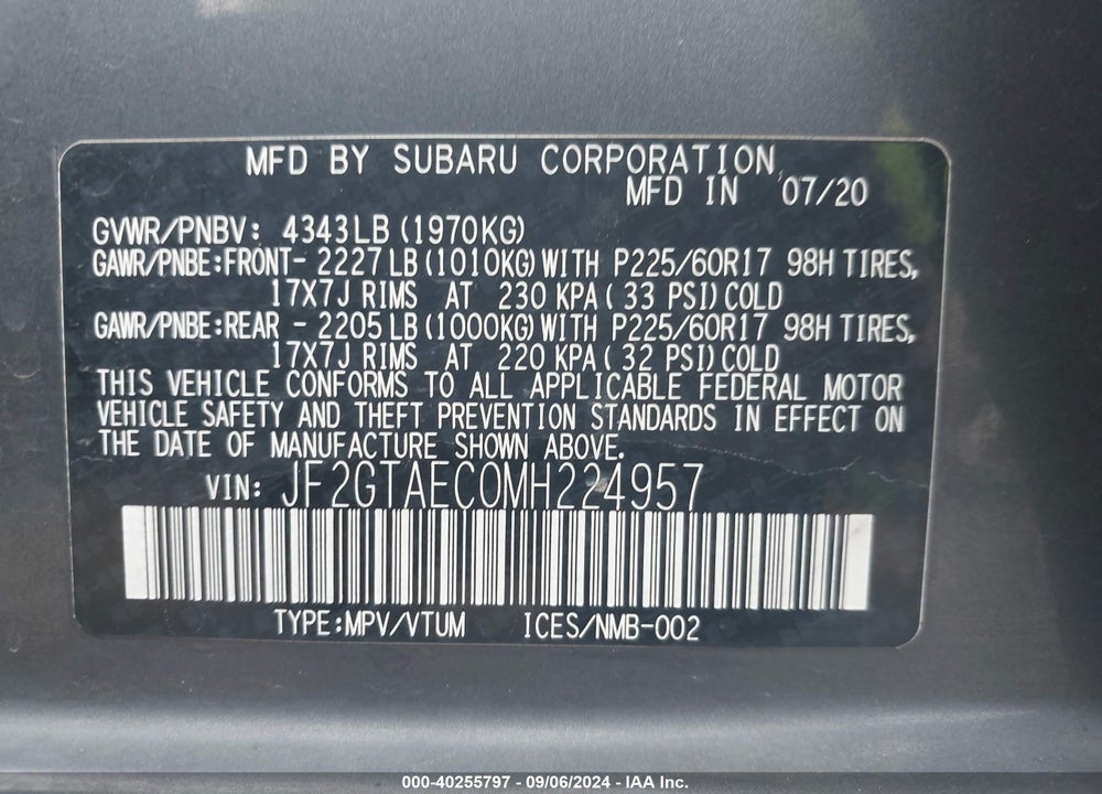 2021 SUBARU CROSSTREK PREMIUM VIN: JF2GTAEC0MH224957