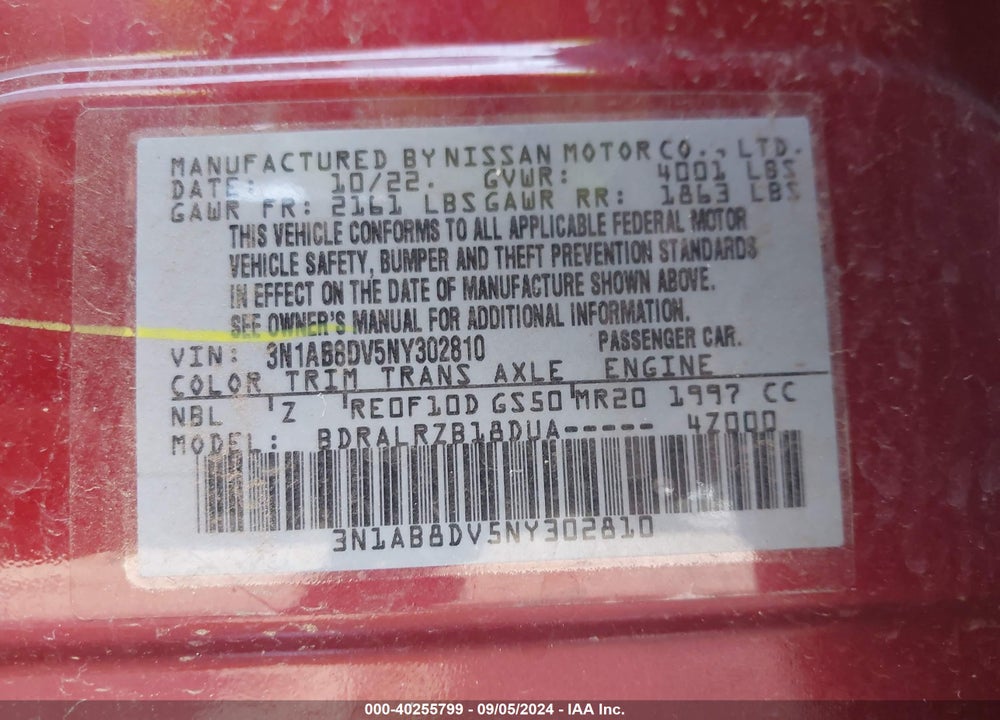 2022 NISSAN SENTRA SR XTRONIC CVT VIN: 3N1AB8DV5NY302810