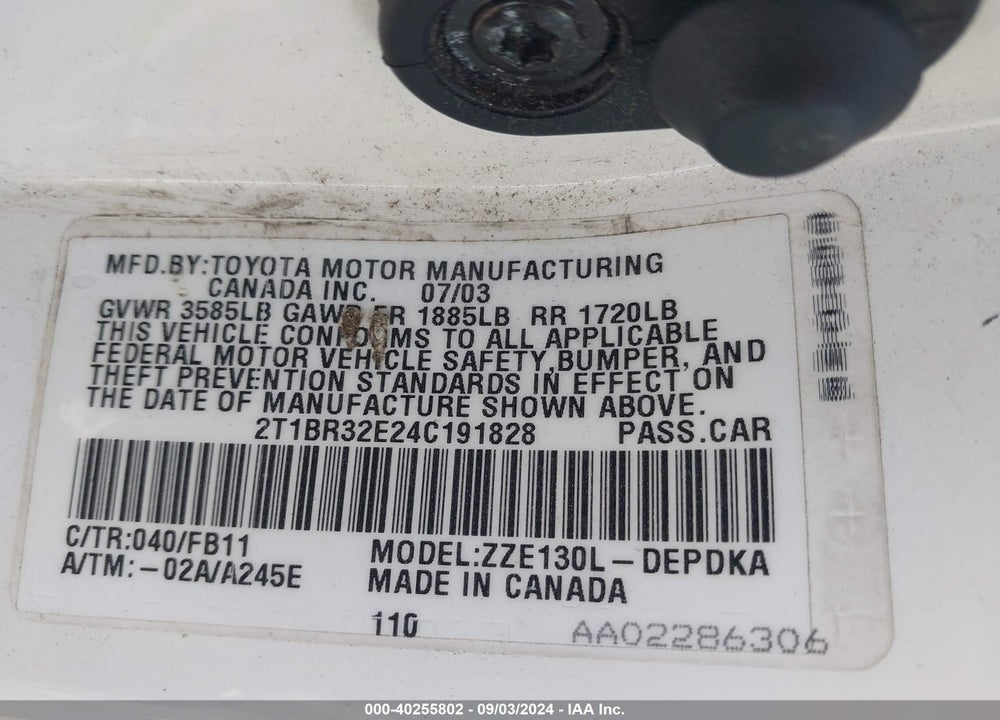 2004 TOYOTA COROLLA VIN: 2T1BR32E24C191828