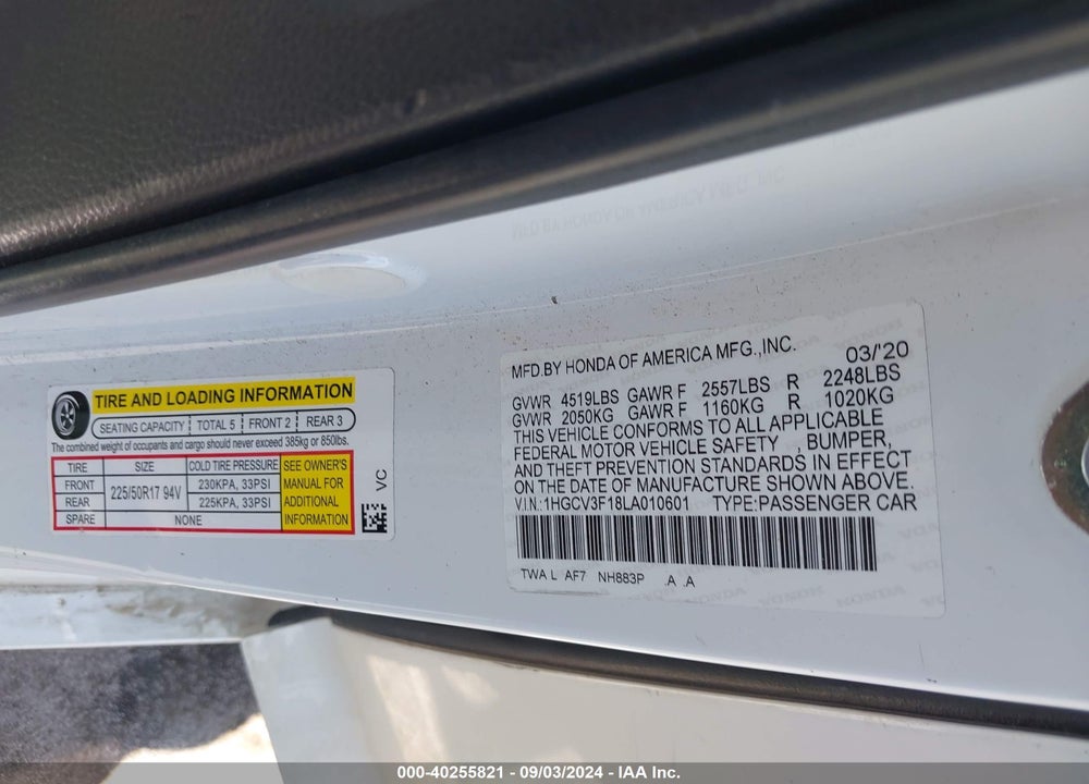 2020 HONDA ACCORD HYBRID VIN: 1HGCV3F18LA010601