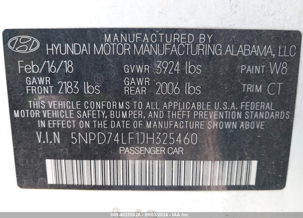 2018 HYUNDAI ELANTRA SE VIN: 5NPD74LF1JH325460