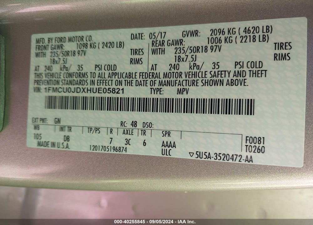 2017 FORD ESCAPE TITANIUM VIN: 1FMCU0JDXHUE05821