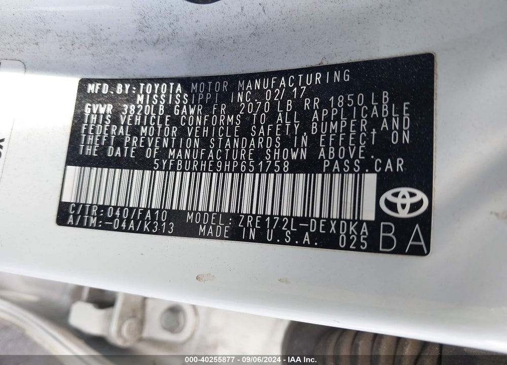 2017 TOYOTA COROLLA VIN: 5YFBURHE9HP651758
