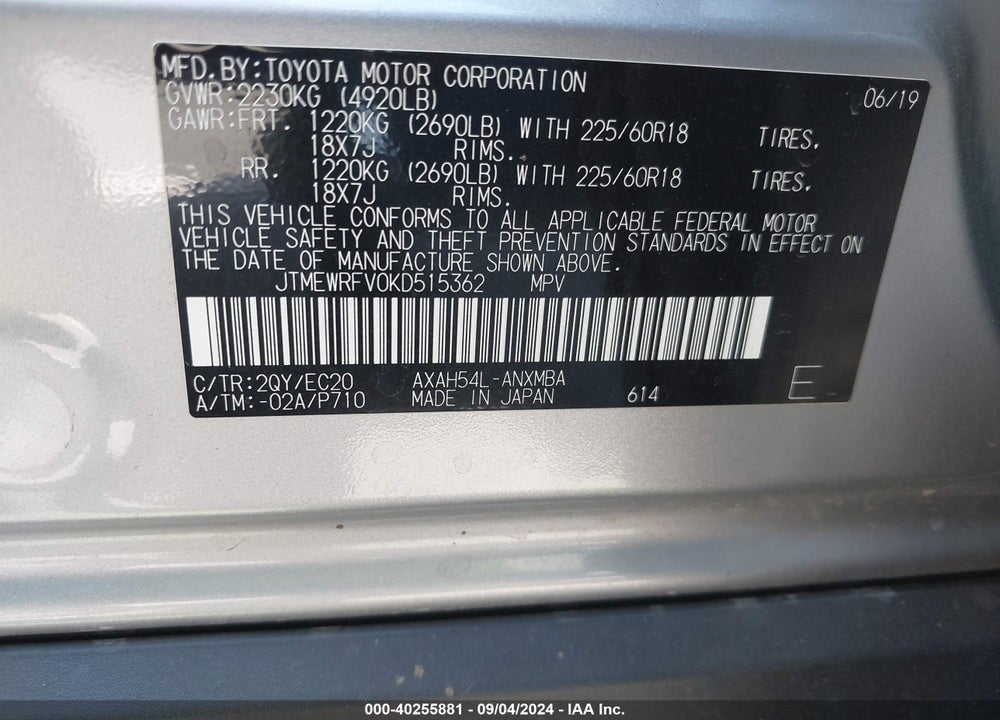 2019 TOYOTA RAV4 HYBRID XSE VIN: JTMEWRFV0KD515362