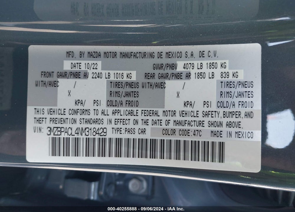 2022 MAZDA 3 CARBON EDITION VIN: 3MZBPACL4NM318429
