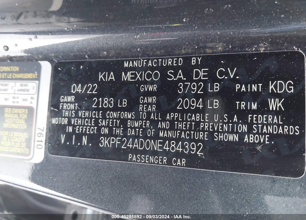 2022 KIA FORTE LXS VIN: 3KPF24AD0NE484392
