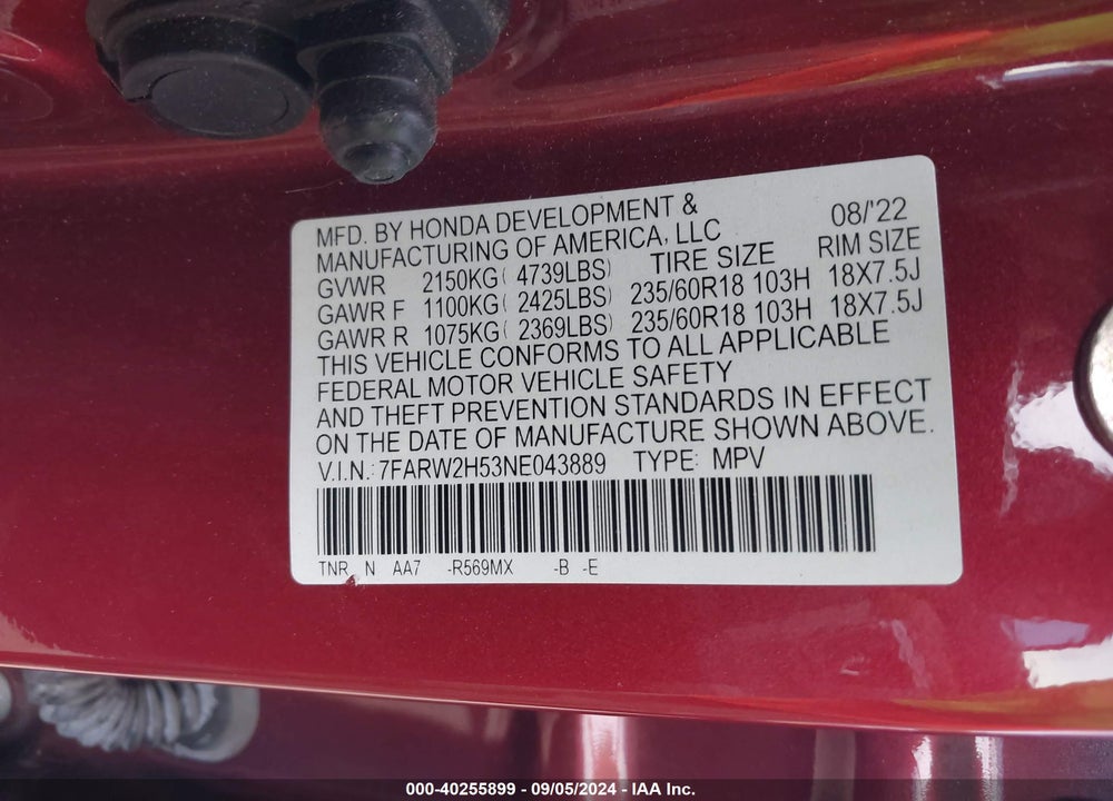 2022 HONDA CR-V AWD EX VIN: 7FARW2H53NE043889
