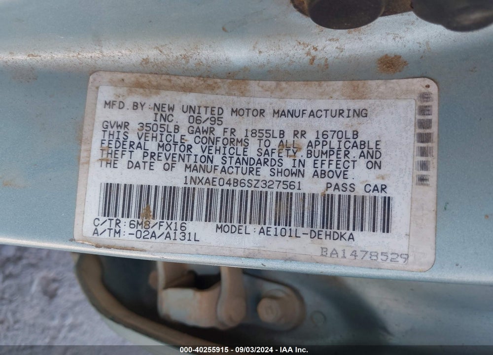 1995 TOYOTA COROLLA VIN: 1NXAE04B6SZ327561