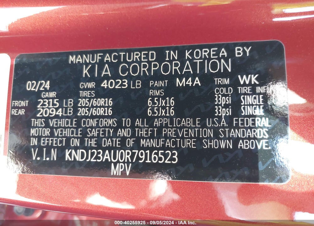 2024 KIA SOUL !/+/S VIN: KNDJ23AU0R7916523