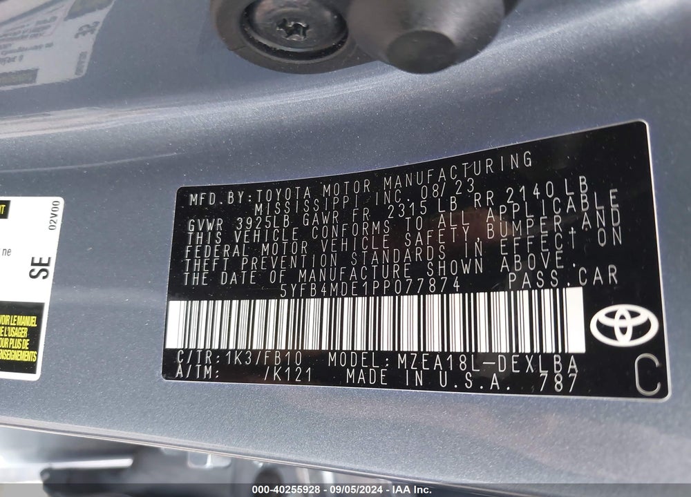 2023 TOYOTA COROLLA LE VIN: 5YFB4MDE1PP077874