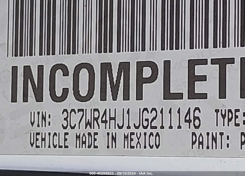 2018 RAM 2500 TRADESMAN 4X2 8' BOX VIN: 3C7WR4HJ1JG211146