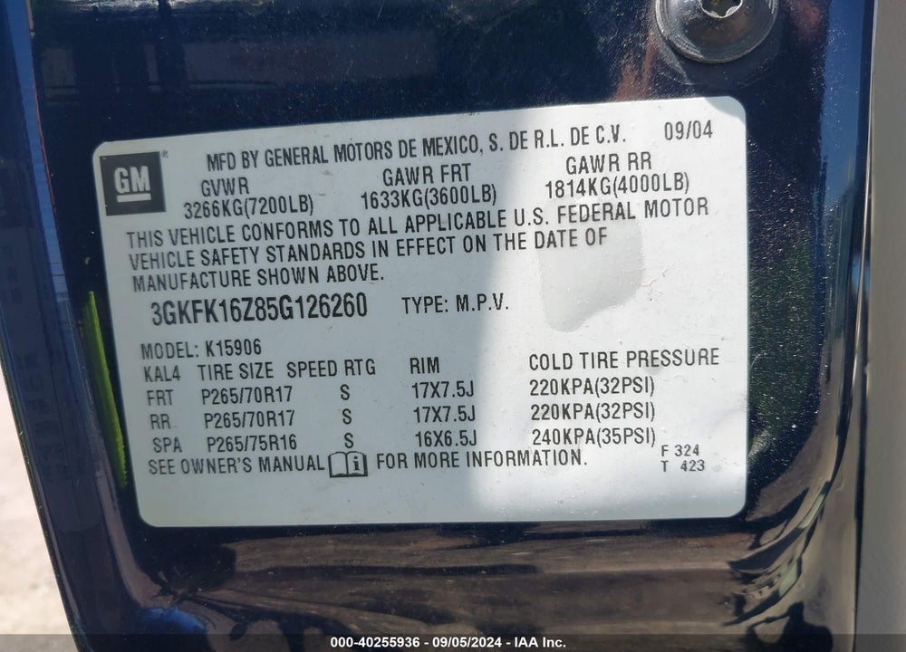 2005 GMC YUKON XL 1500 SLT VIN: 3GKFK16Z85G126260