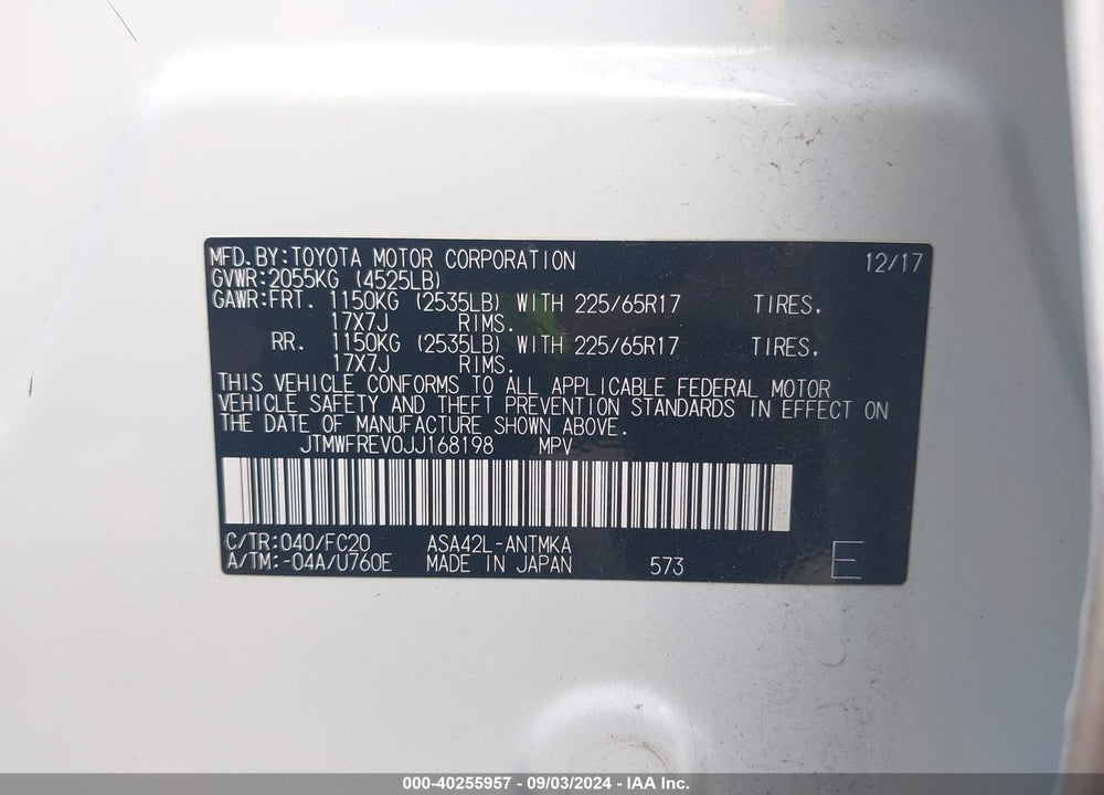 2018 TOYOTA RAV4 XLE VIN: JTMWFREV0JJ168198