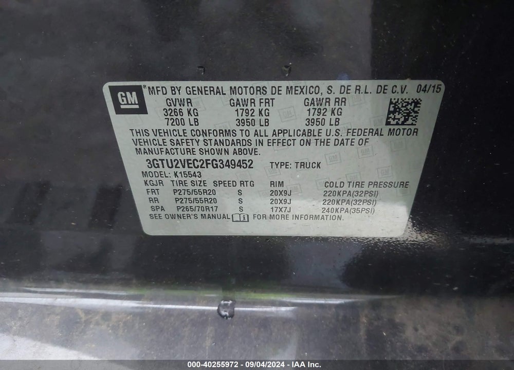 2015 GMC SIERRA 1500 SLT VIN: 3GTU2VEC2FG349452