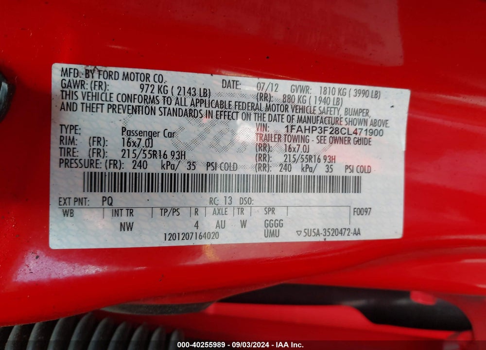 2012 FORD FOCUS VIN: 1FAHP3F28CL471900