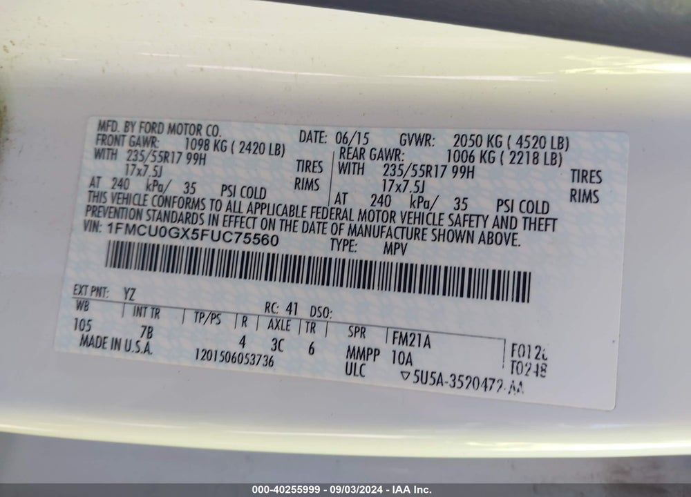 2015 FORD ESCAPE SE VIN: 1FMCU0GX5FUC75560