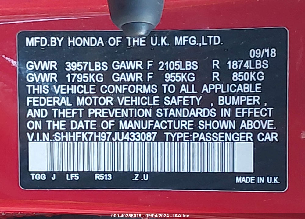 2018 HONDA CIVIC SPORT TOURING VIN: SHHFK7H97JU433087