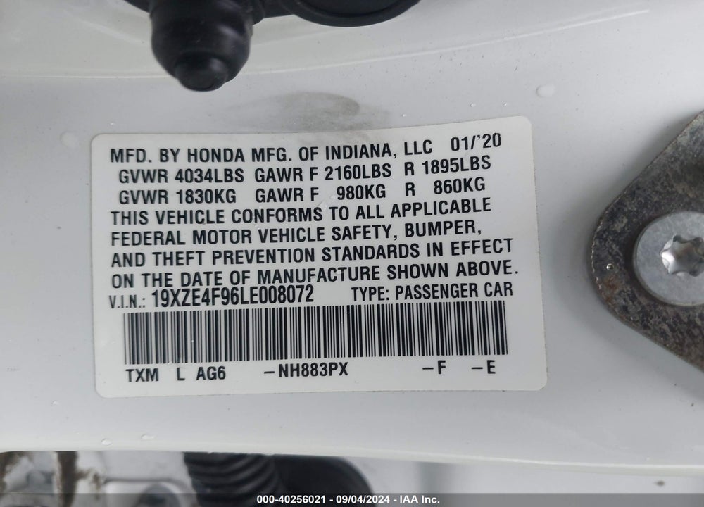 2020 HONDA INSIGHT TOURING VIN: 19XZE4F96LE008072