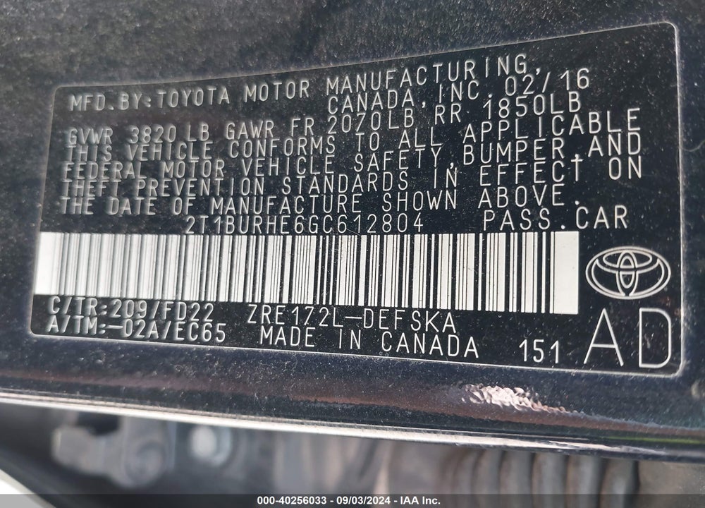 2016 TOYOTA COROLLA S PLUS VIN: 2T1BURHE6GC612804